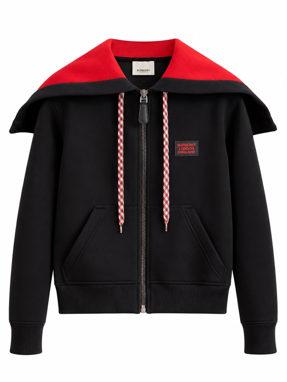 Burberry Black Zip-Up Jacket with Red Hood and Red-White Drawstrings